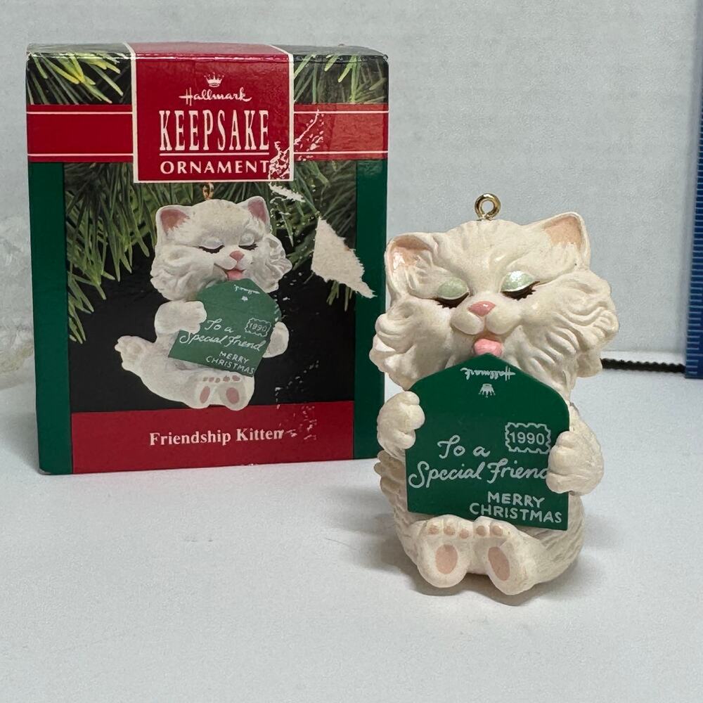 1990 Hallmark Keepsake Ornament Friendship Kitten w/ Bow with Box Vintage Gift